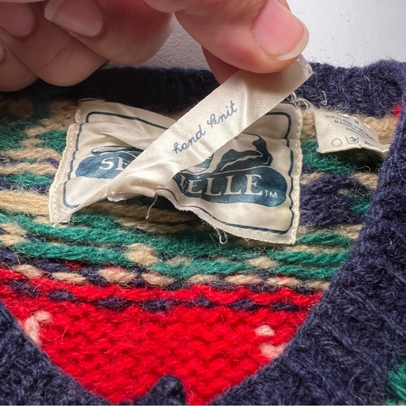 Vintage 90s Seychelle Blue Red Fair Isle Nordic Heavy Wool Hand Knit Cardigan M - Picture 12 of 12